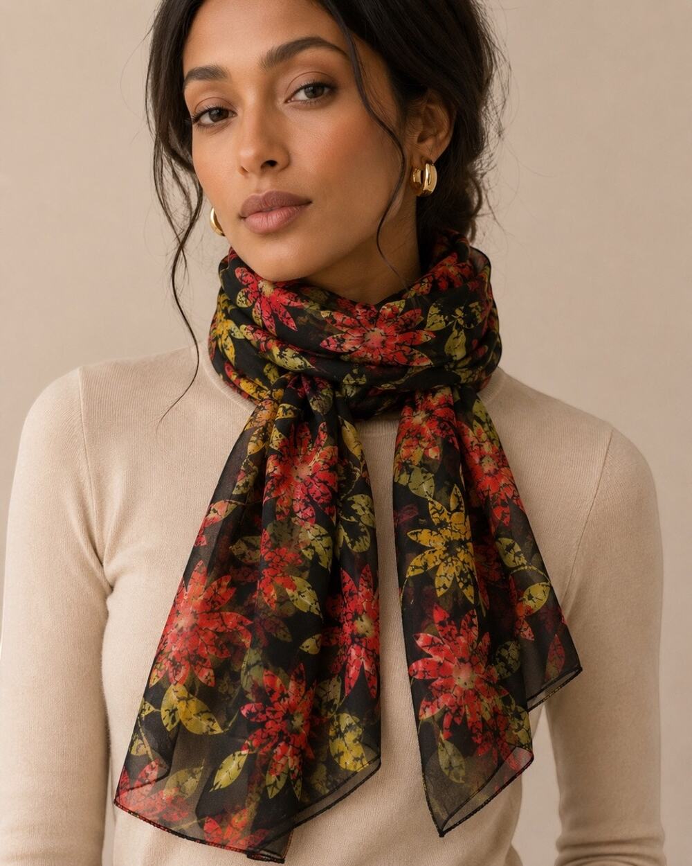 Black Floral Scarf Red Yellow Lightweight Sheer Neck Hair Wrap New